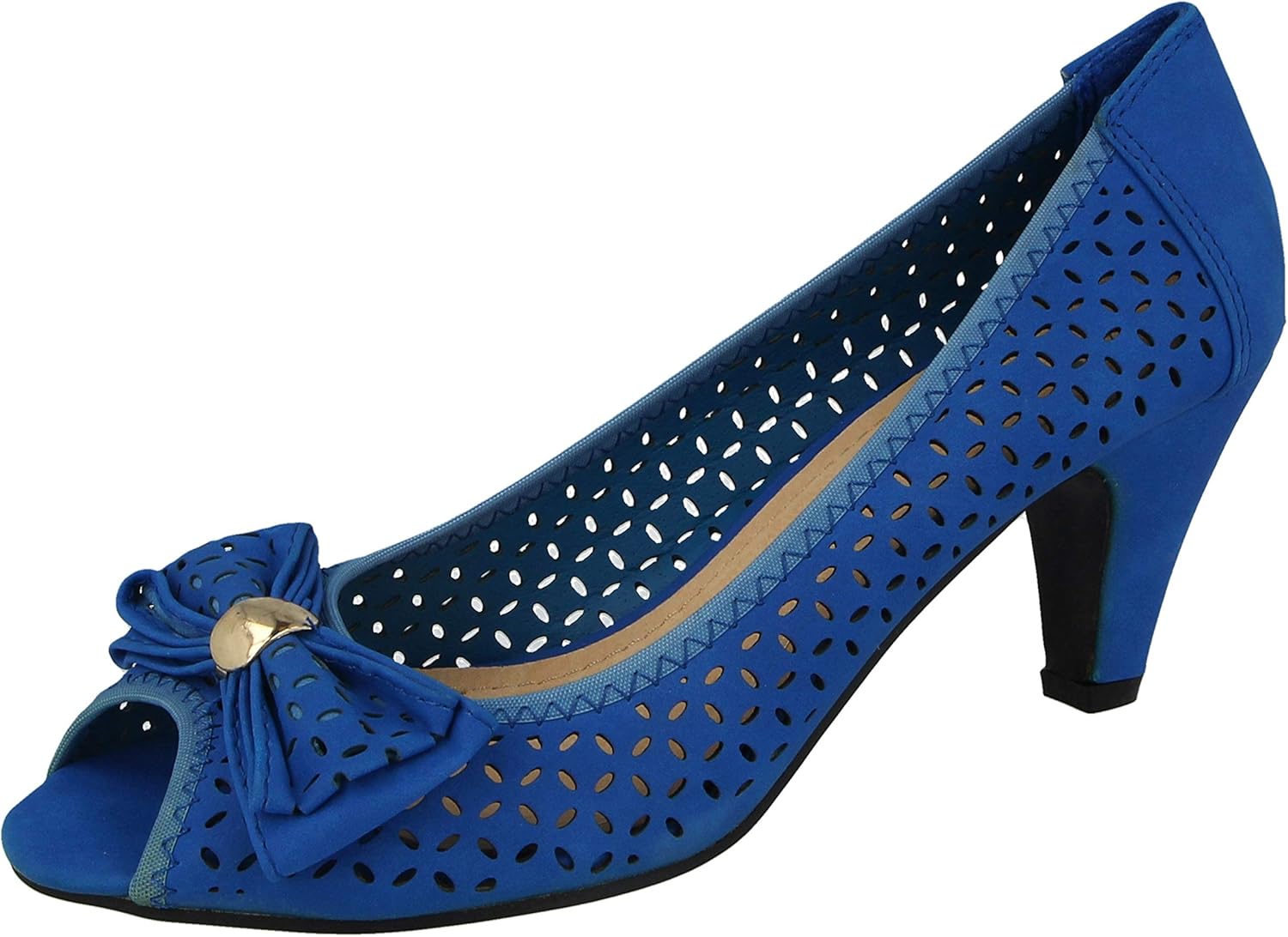 Ladies Royal Blue Faux Leather Open Toe Bow Laser Cut Detail Kitten Low