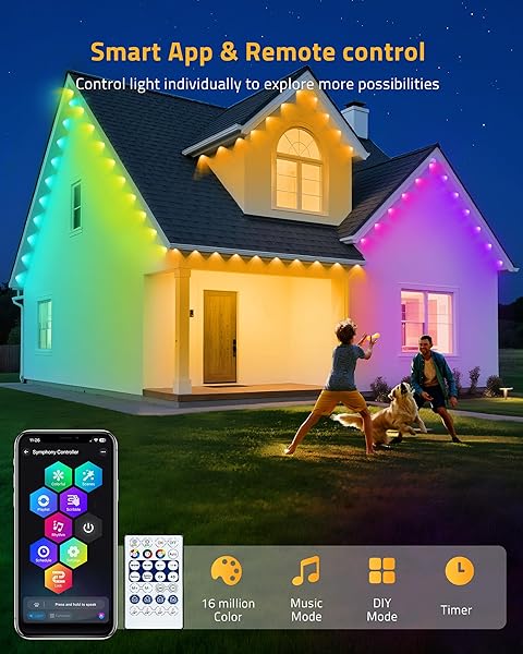 DELITOR PERMANENT OUTDOOR LIGHTS, 111FT SMART BLACK CHRISTMAS LIGHTS WITH APP CONTROL, IP65 WATERPROOF ETERNITY EAVES LIGHTING WITH 72 RGB LED LIGHTS FOR OUTSIDE ROOFLINE DECOR, PARTY, HOLIDAY XMAS