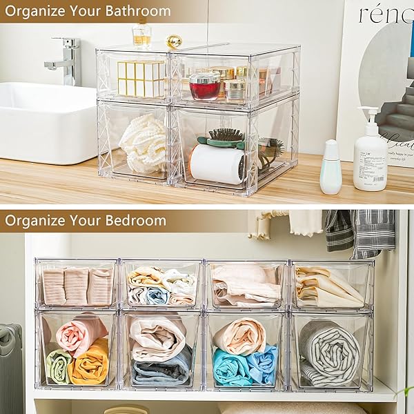 CLEMATE 4PACK STACKABLE KITCHEN STORAGE ORGANIZER, PANTRY ORGANIZERS AND STORAGE, CLEAR FOODS ORGANIZER BINS WITH HANDLES, EASILY ASSEMBLE FOR BATHROOM, KITCHEN, PANTRY, CABINET, CLOSET