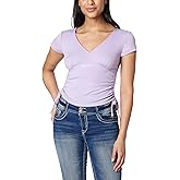 WallFlower Women's Madeline Short Sleeve V-Neck Yummy Rib Top with Ruched Sides