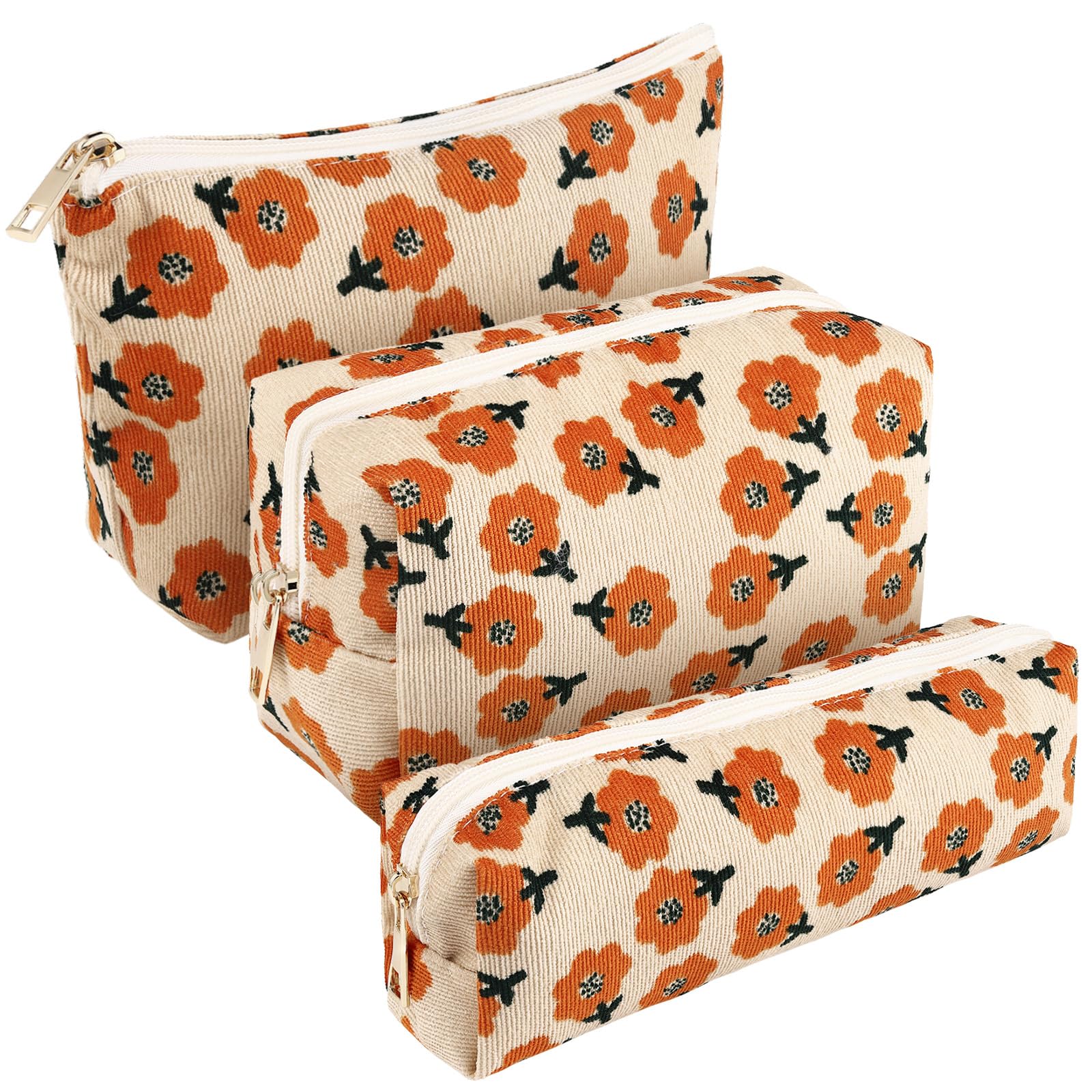 Photect 3 Set Floral Makeup Bag for Purse Corduroy Canvas Pouch Small Cosmetic Bag for Women Mini Toiletry Zipper Travel Organizer Pencil Case Makeup Brushes for Graduation Teachers Gifts(Assorted)