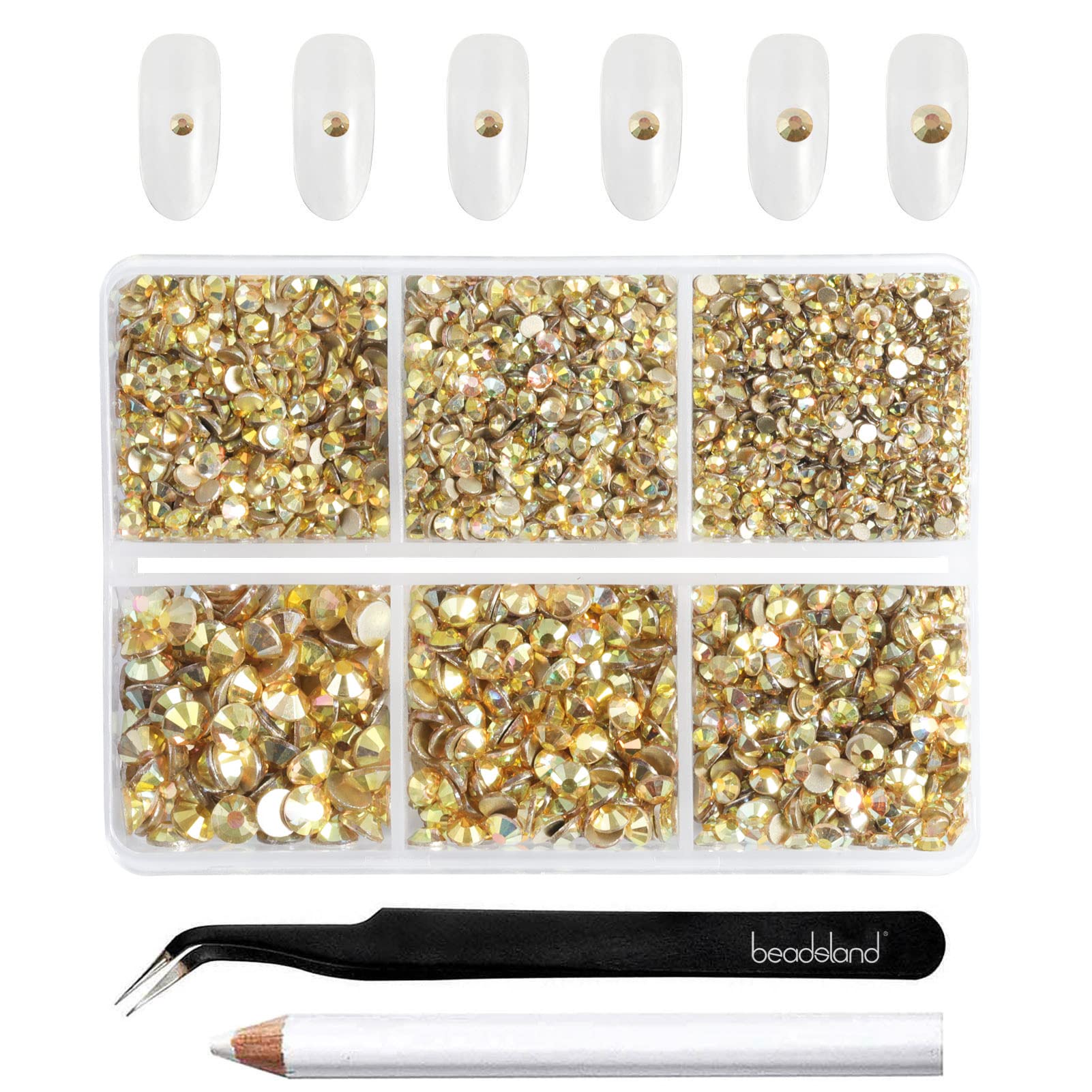 Beadsland 4300pcs Flatback Nail Rhinestones,Gold Rhinestones Round Crystal Gems for Crafts,Mixed 6 Sizes with Picking Tweezers and Wax Pencil Kit, SS6-SS20,Metal Sunlight