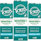 Tom's of Maine Whiten and Coconut Oil Toothpaste, Gentle Mint, 3 Pack, 4 oz | Fluoride Free, Removes 95% of Surface Stains, Plant-Based Cleansers, Whitens Without Sensitivity