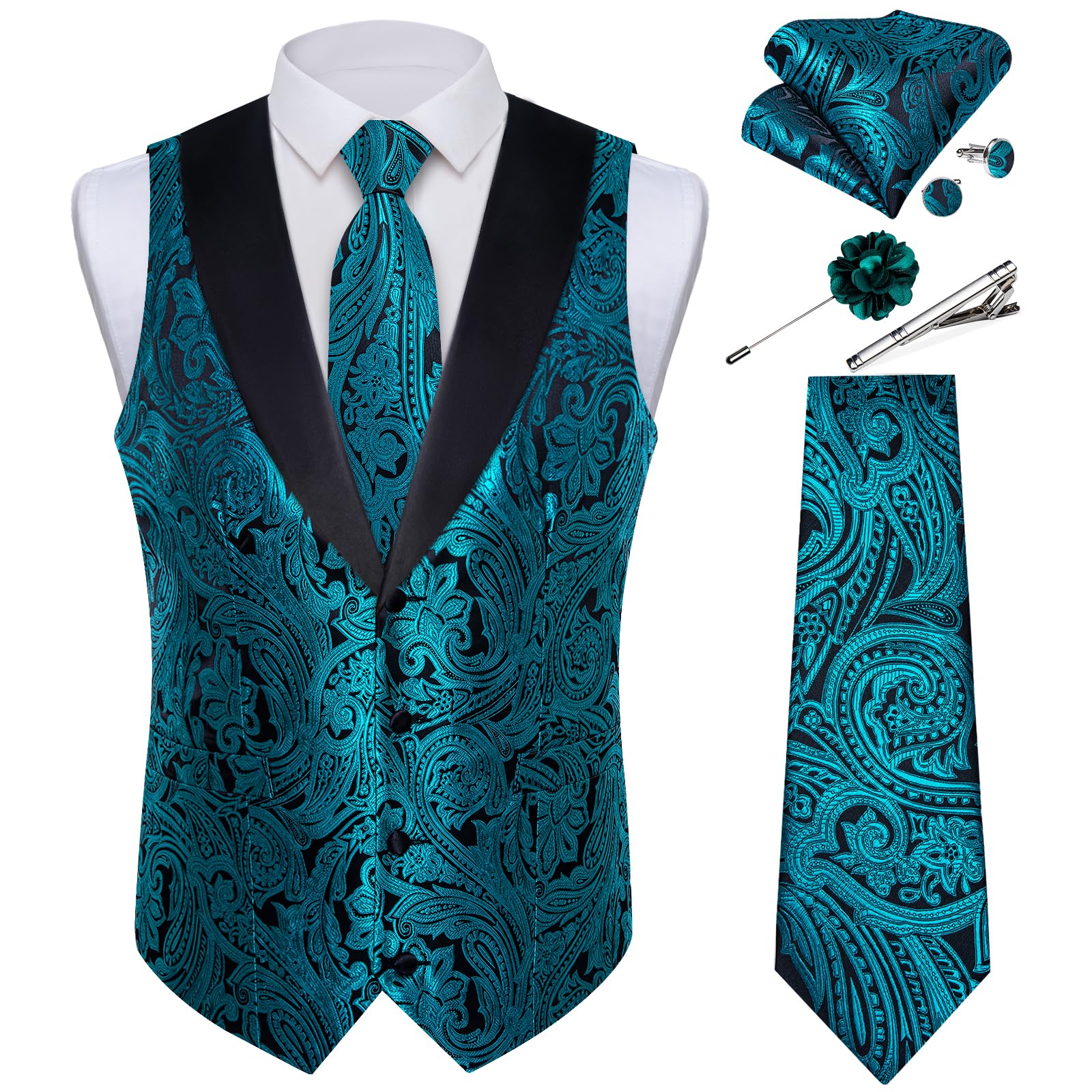 DiBanGu Mens Paisley Suit Vest Silk Jacquard Waistcoat and Necktie Set Formal Shawl Collar Dress Vest 7PCS for Wedding Party, Teal, Medium Image