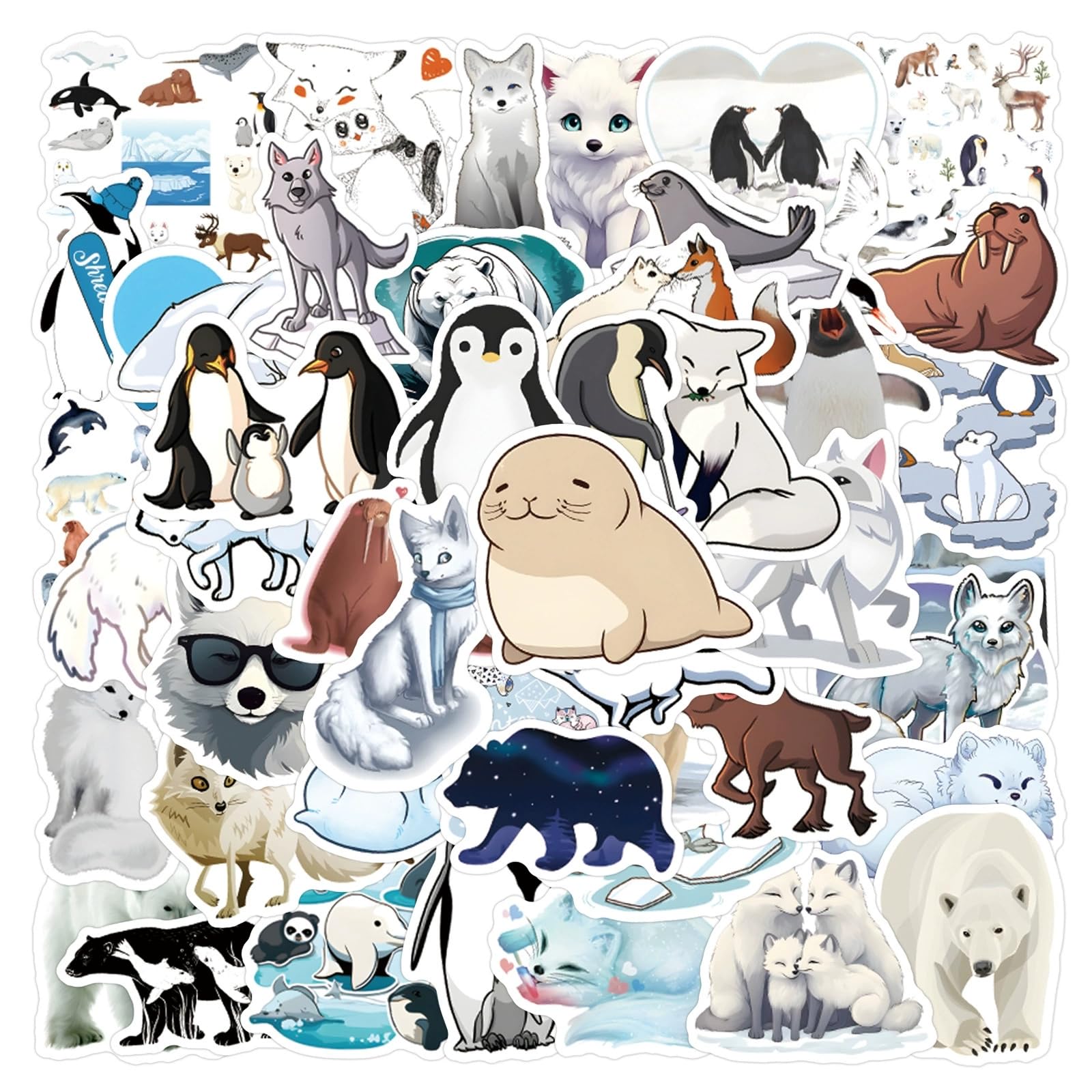 50 Pcs Arctic Animals Stickers Laptop Car Scrapbook Phone Skateboard Suitcase Luggage Bike Arctic Animals Vinyl Waterproof Aesthetic Personalised Stickers for Teens Boys Girls Adults