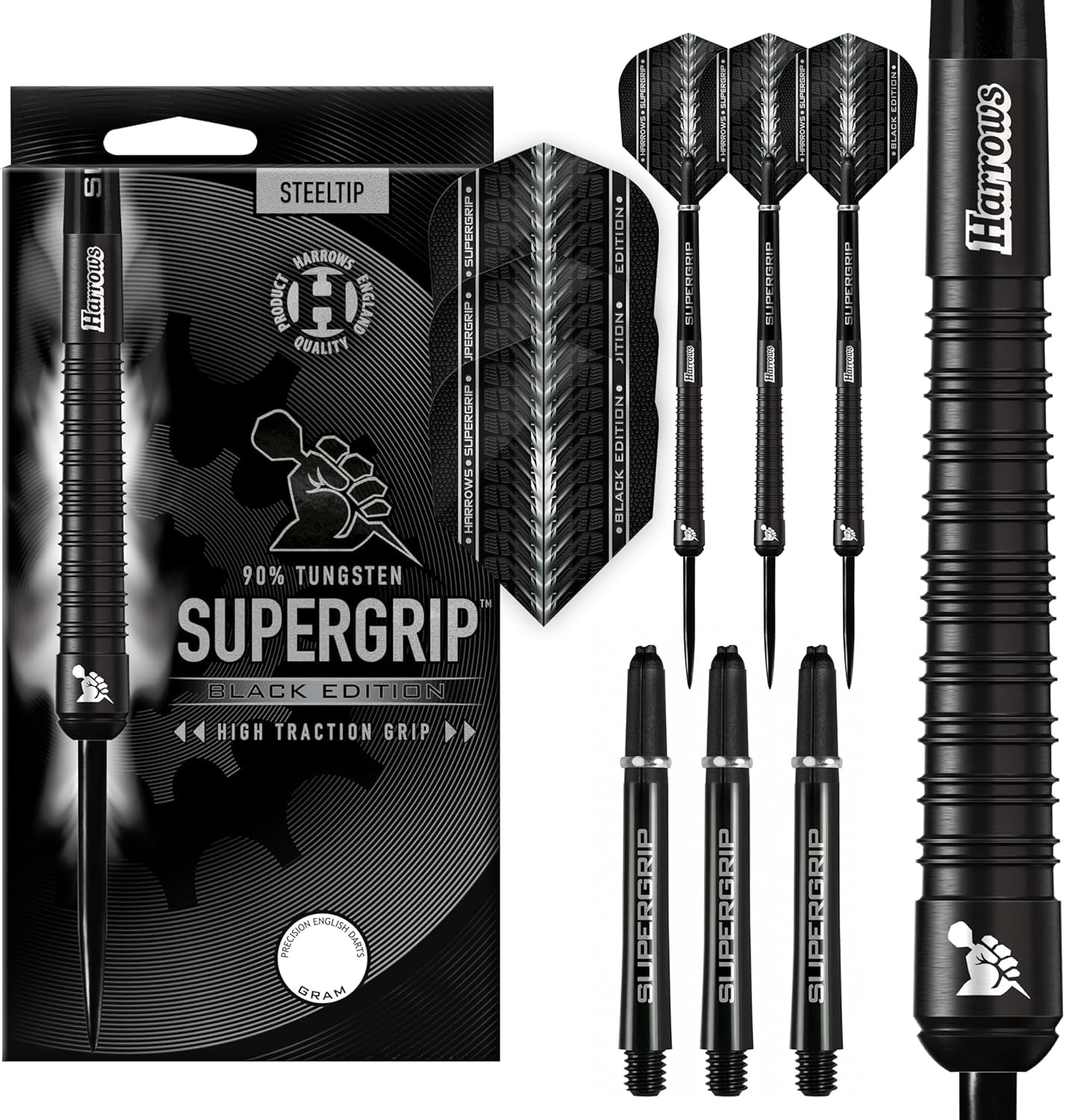Harrows SUPERGRIP BLACK EDITION 90% Tungsten Steel Tip Darts Set. Available in 21g, 22g, 23g, 24g, 25g, 26g, 28g & 30g - Includes Supergrip Shafts & Supergrip Flights-25g