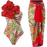 YUNIDMEIM One Shoulder Swimsuits for Women 3D Flower Decoration One Piece Swimsuit with Cover up Set