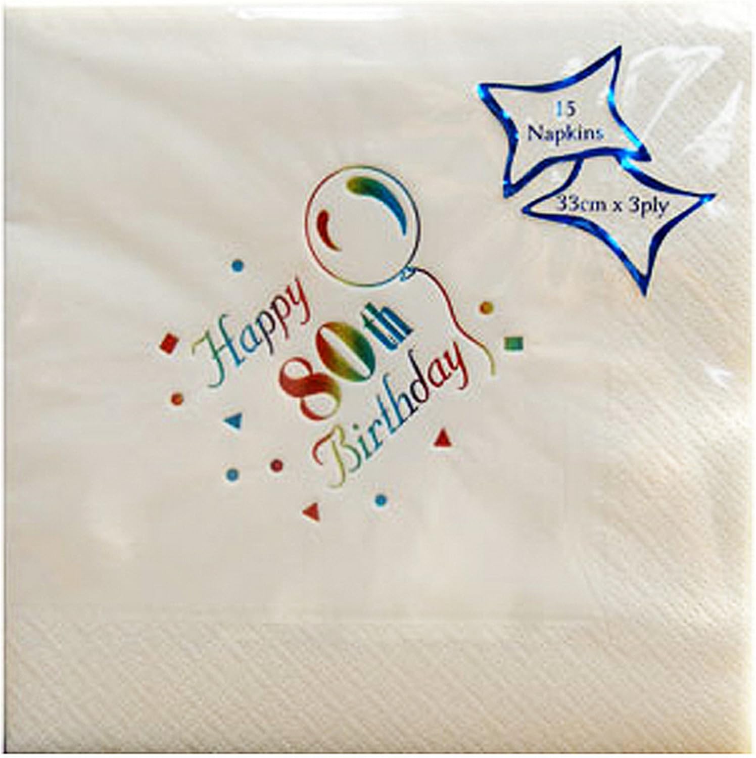 Age 80/80th Birthday Pack of 15 Party Napkins {White/Multi/3 ply