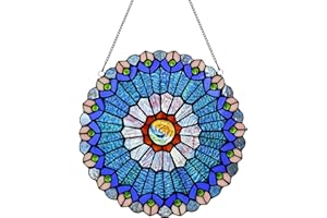 Karhuimoyi Mini Tiffany Style Stained Glass Window Hangings Panel,12 Inch Handmade Green Flower Suncatchers for The Windows Or Wall, Blue and Red