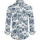Aiertop Men's Hawaiian Long Sleeve Dress Tropical Floral Printed Pattern Casual Button Down Wrinkle Free Shirts with Pocket