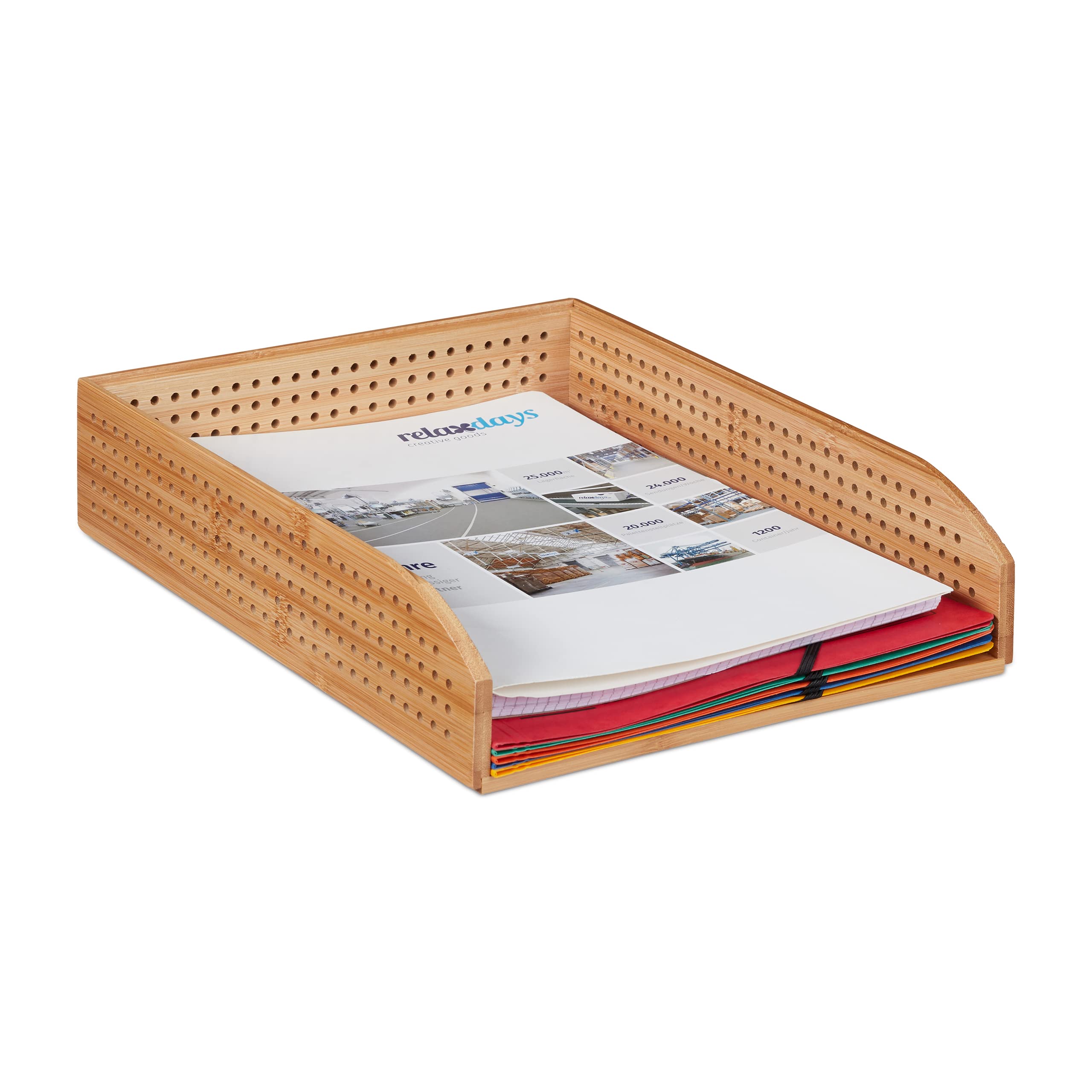 Relaxdays Bamboo Document Holder Tray, Perforated, Stackable, A4, Desk Organizer, Office, HWD: app. 7 x 25 x 33 cm, Natural