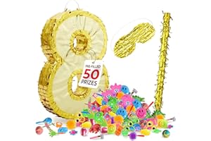HOMEIFY Gold Foil Number 8 Pinatas for Birthday Party for Girls & Boys with Gold Blindfold and Stick, Prefilled with 50 Party Favors Prizes for Kids, 8th Birthday Party Decorations