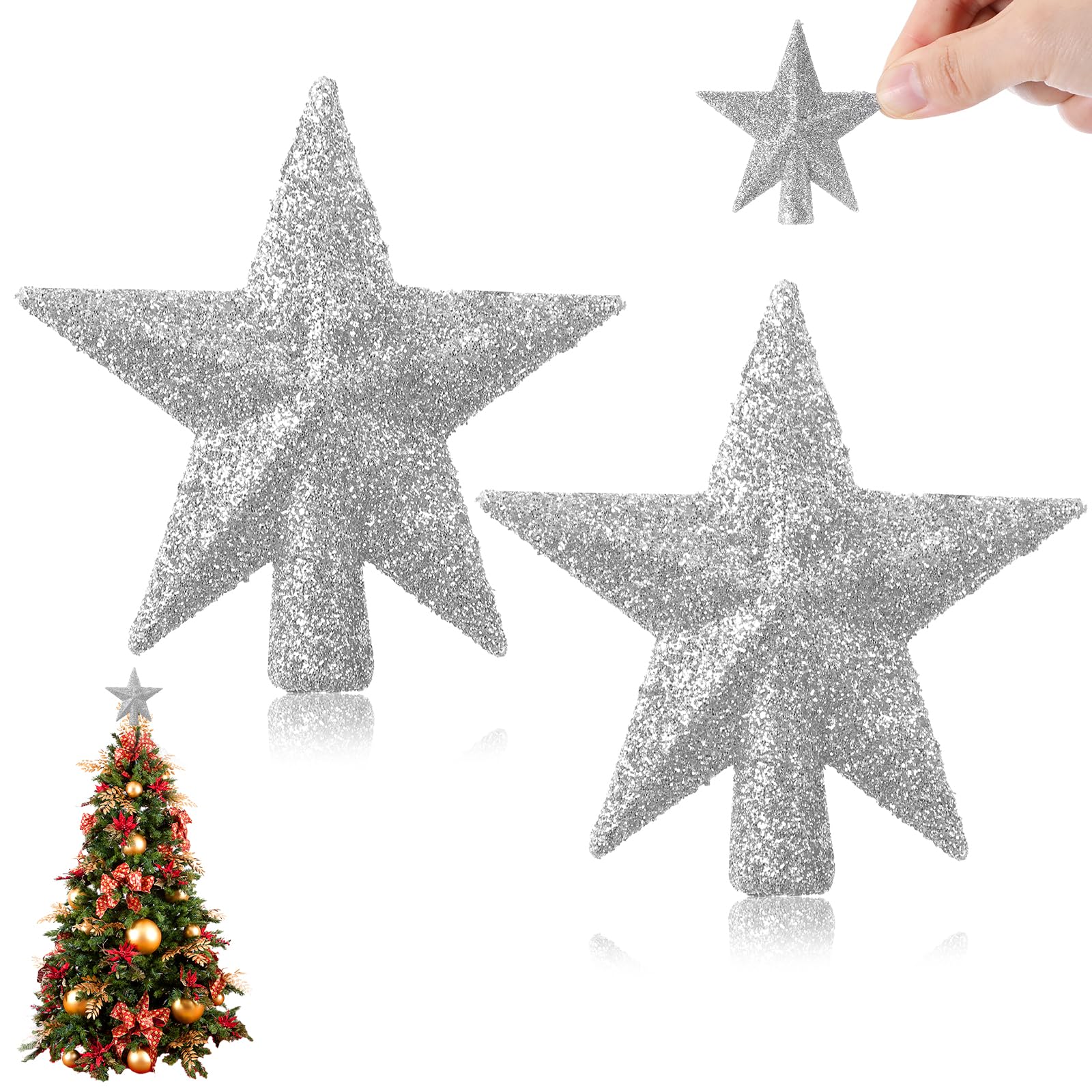 2 Pcs Mini Christmas Tree Topper, Small Tree Topper Glitter Stars Xmas Tree Topper Small Christmas Ornaments Christmas Star Treetop for Xmas Holiday Party Decor ﻿(2.4 Inch)