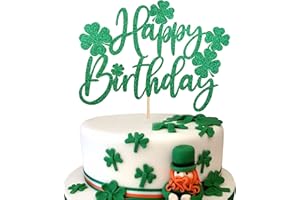 YCTHUNFISH 1 Pack St.Patrick's Day Happy Birthday Cake Topper with Green Glitter Lucky Four Leaf Clover Shamrock Cake Pick Decorations for St.Patrick's Day Theme Baby Shower Kids Birthday Party Supplies