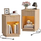 Akxomel Fluted Nightstand Set 2 Bedside Table with Charging Station Oak | Wooden Side Table with LED Light, Modern Mid Century End Table with Drawer, 15" D x 15.7" W x 22.6" H, for Bedroom