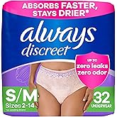 Always Discreet Adult Incontinence Underwear for Women and Postpartum Underwear, Small/Medium, Up to 100% Bladder Leak Protection, 32 Count