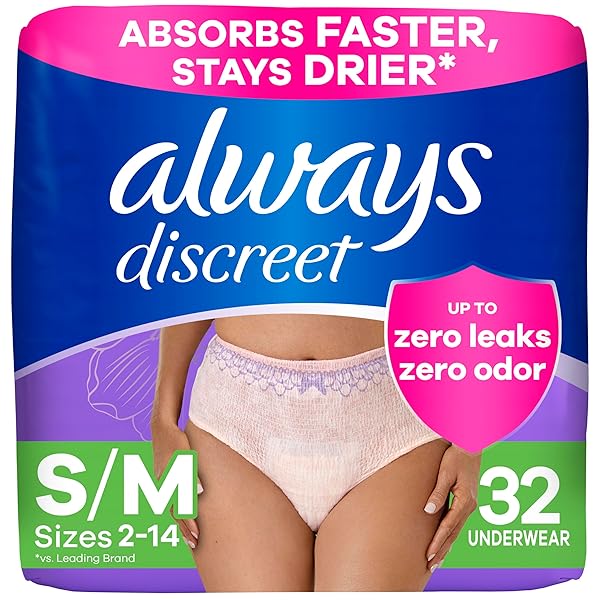 ALWAYS DISCREET ADULT DIAPERS FOR WOMEN, INCONTINENCE UNDERWEAR, POSTPARTUM ESSENTIALS, DISPOSABLE BRIEFS, MAX ABSORBENCY, BLADDER LEAK PROTECTION, SMALL/MEDIUM, 32CT