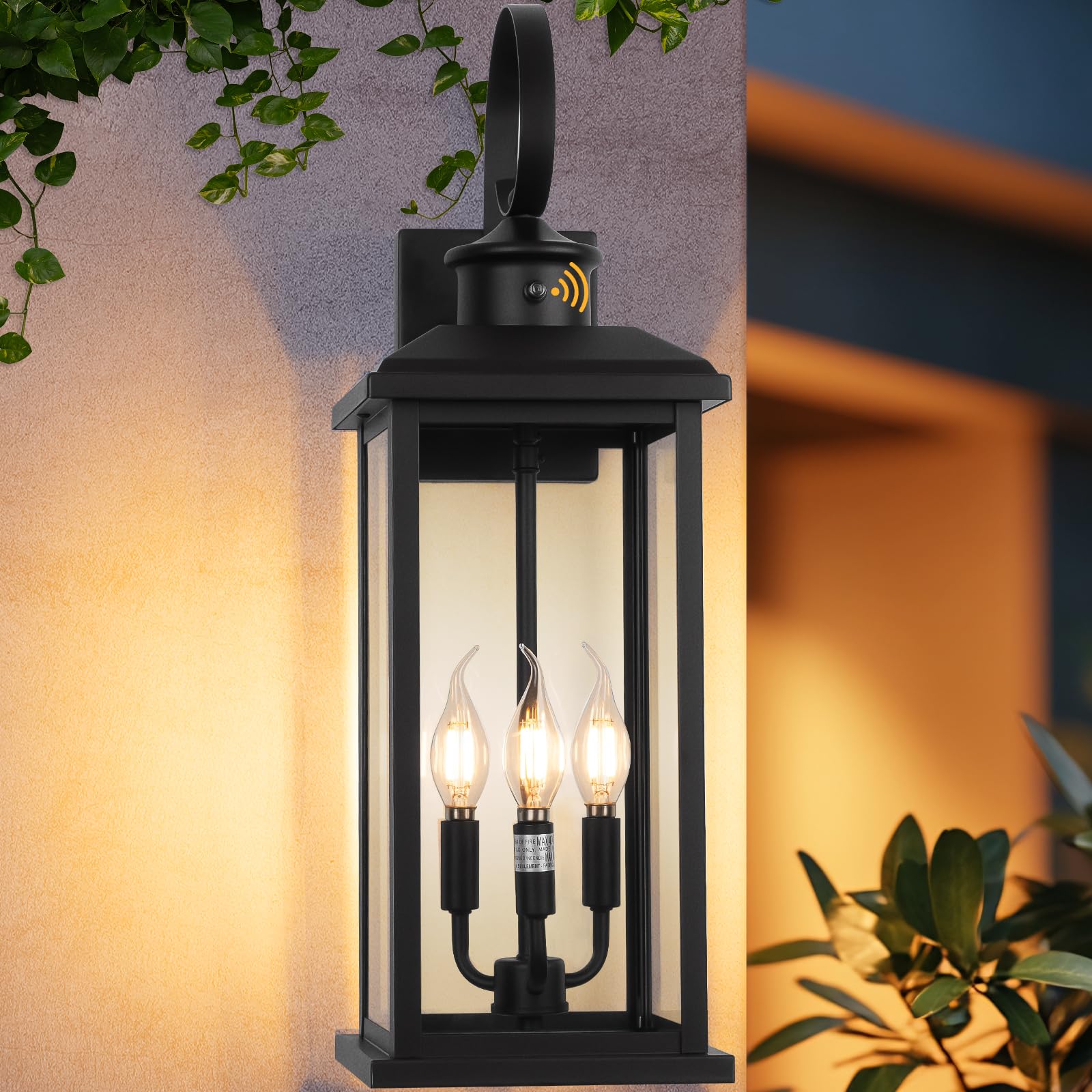 Photo 1 of SIAFAVOI 24" Dusk to Dawn Porch Lights Outdoor 3-Light, Black Modern Large Wall Light Fixture Lantern, Waterproof Exterior Lighting Sconce Wall Mount, Outside Lamp for Farmhouse Doorway Patio E12