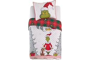 Franco Grinch by Dr. Seuss Holiday Bedding Super Soft Pillow Sham and Quilt Set, Full/Queen Size 88" x 92", (100% Officially Licensed Product)