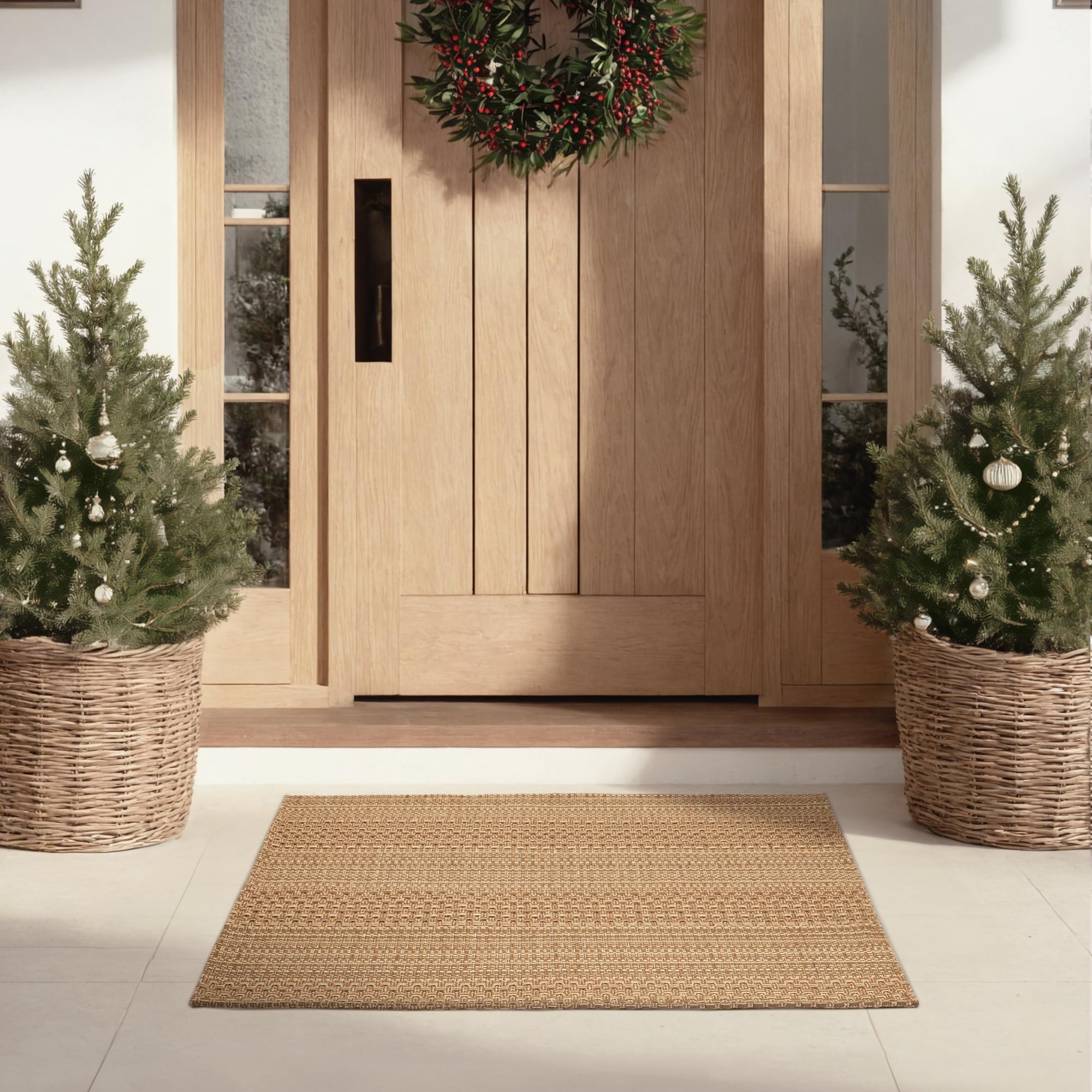 MatEssenz 27.5"x43" Washable Outdoor Front Door Mat, Textured Natural Woven Low-Profile Patio Rug with Non-Slip Backing, Neutral Light Brown, for Porch, Entryway, Layering
