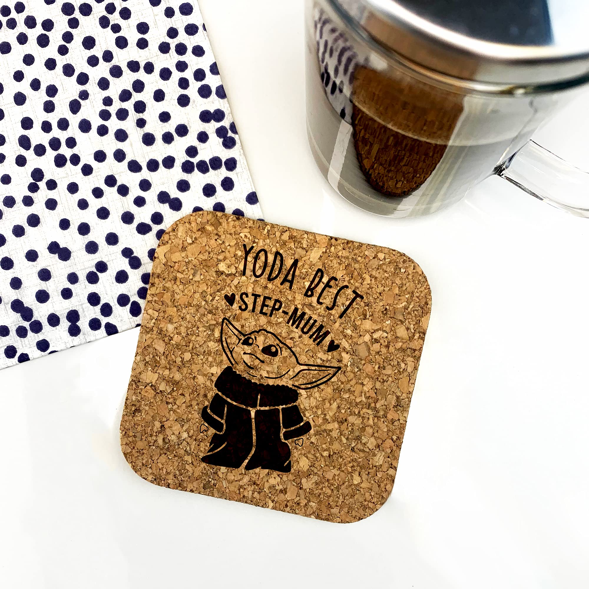 eBuyGB Personalised Square Cork Coaster, Eco-Friendly Engraved Baby Yoda Coaster, Star Wars Themed Drinks Mat, Gifts for Her (Yoda Best Step-Mum)