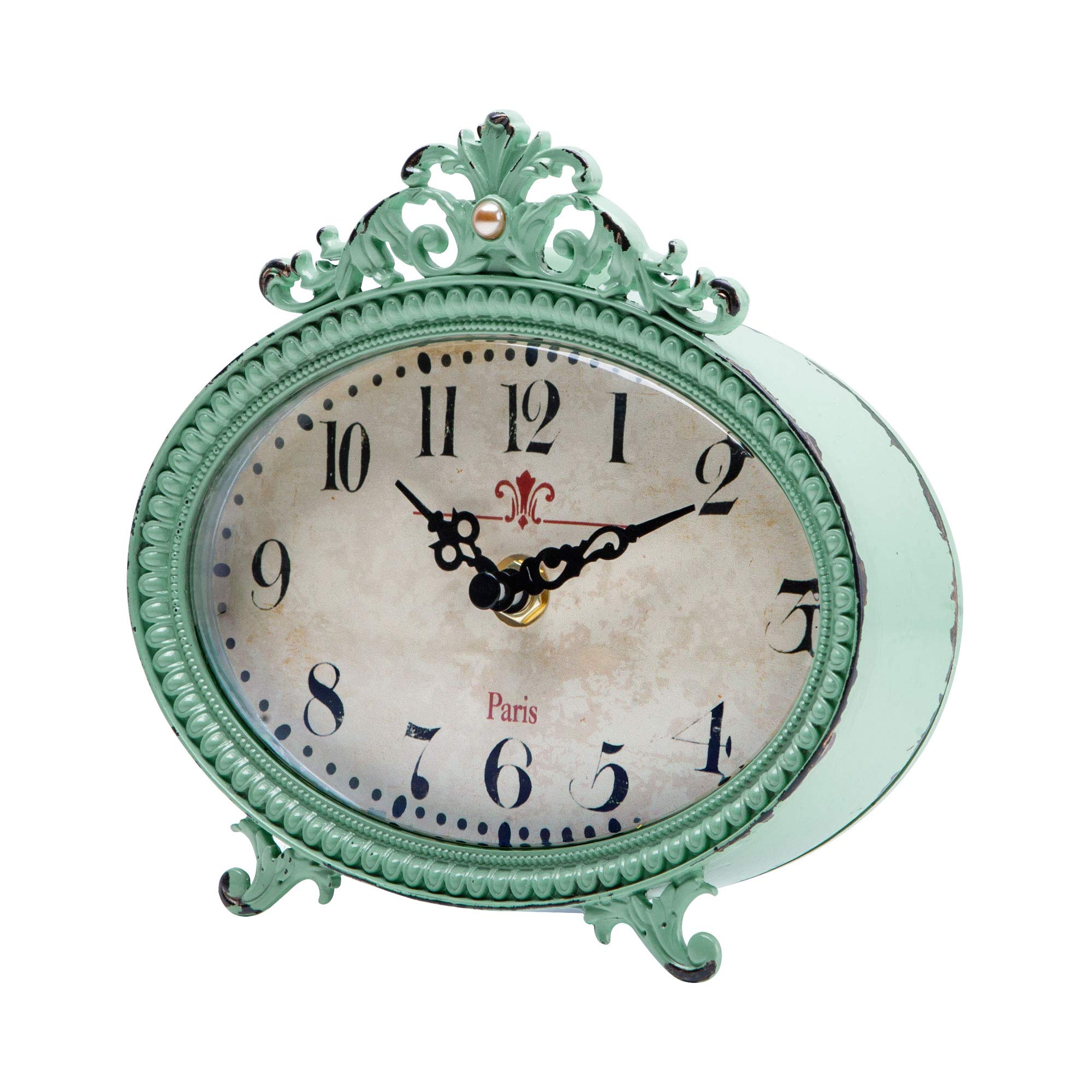 NIKKY HOME Vintage Table Clock, French Turquoise Color Rococo Style Desk Clock Battery Operated Rustic Design, Home Décor for Living Room, Bedroom, Bedside, Desk, Gift Clock - Distressed Green
