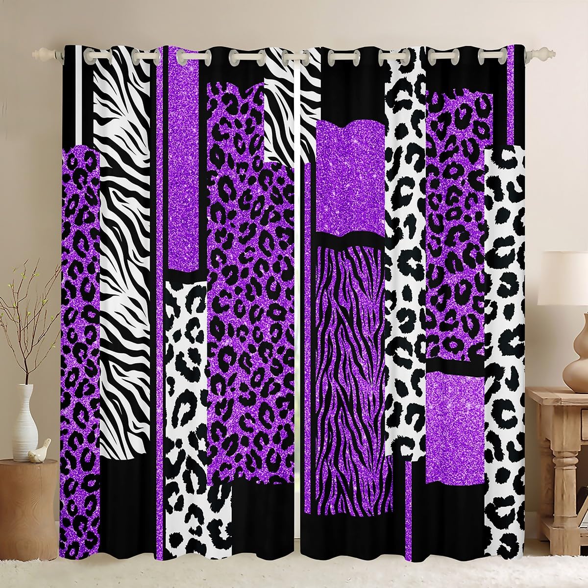 Homemissing Leopard Curtains for Bedroom (2 Panels,W66*L90) Zebra 30%-50% Blackout Curtains Farmhouse Geometric Darkening Drapes Purple Glitter Animal Print Window Treatments Cow Fur(No Glitter)