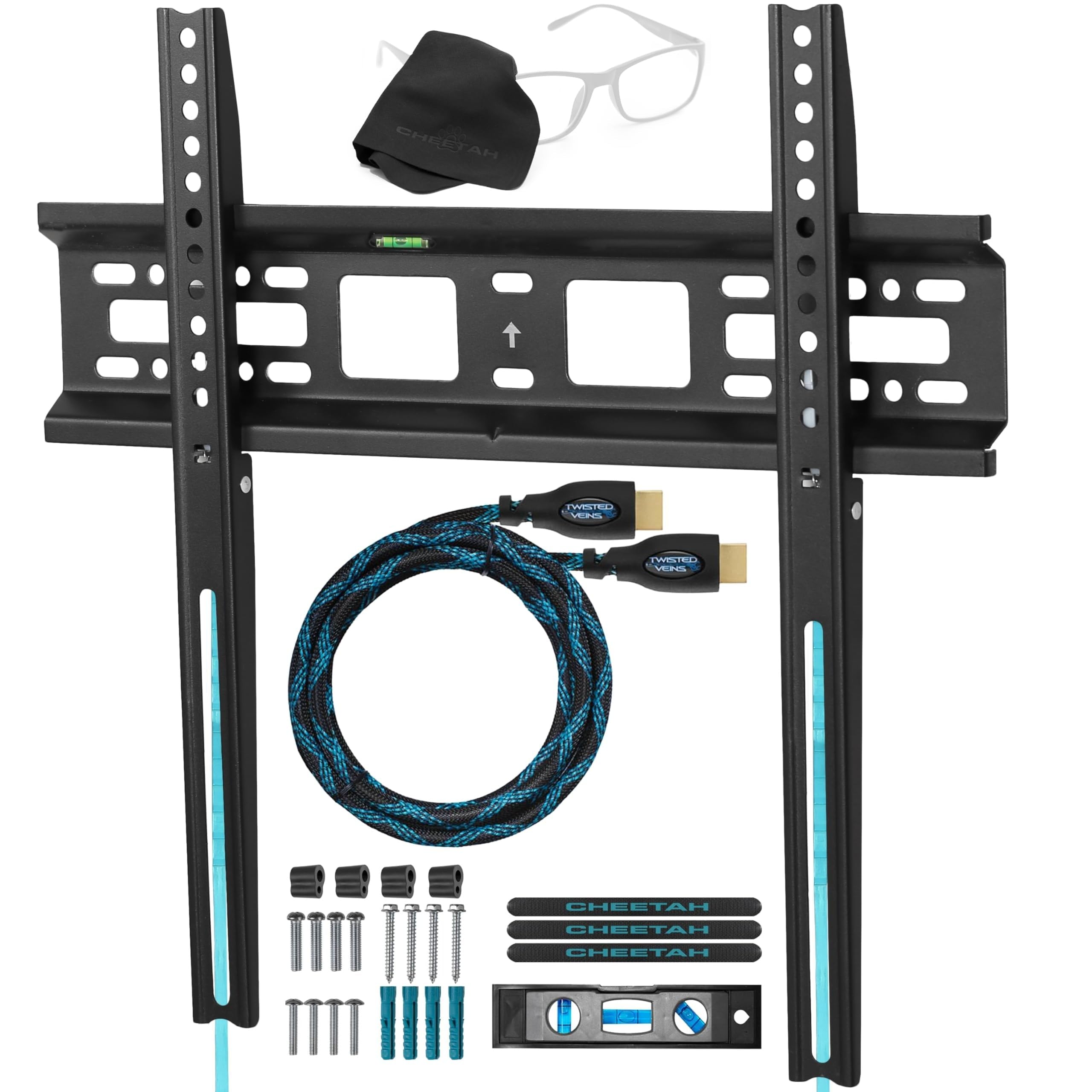 Cheetah Mounts APFMSB TV Wall Mount Bracket for 20-55” TVs Up To VESA 400 and 115 lbs (kg 52) including a Twisted Veins 10’ (3m) HDMI Cable and a 6" 3-Axis Magnetic Bubble Level