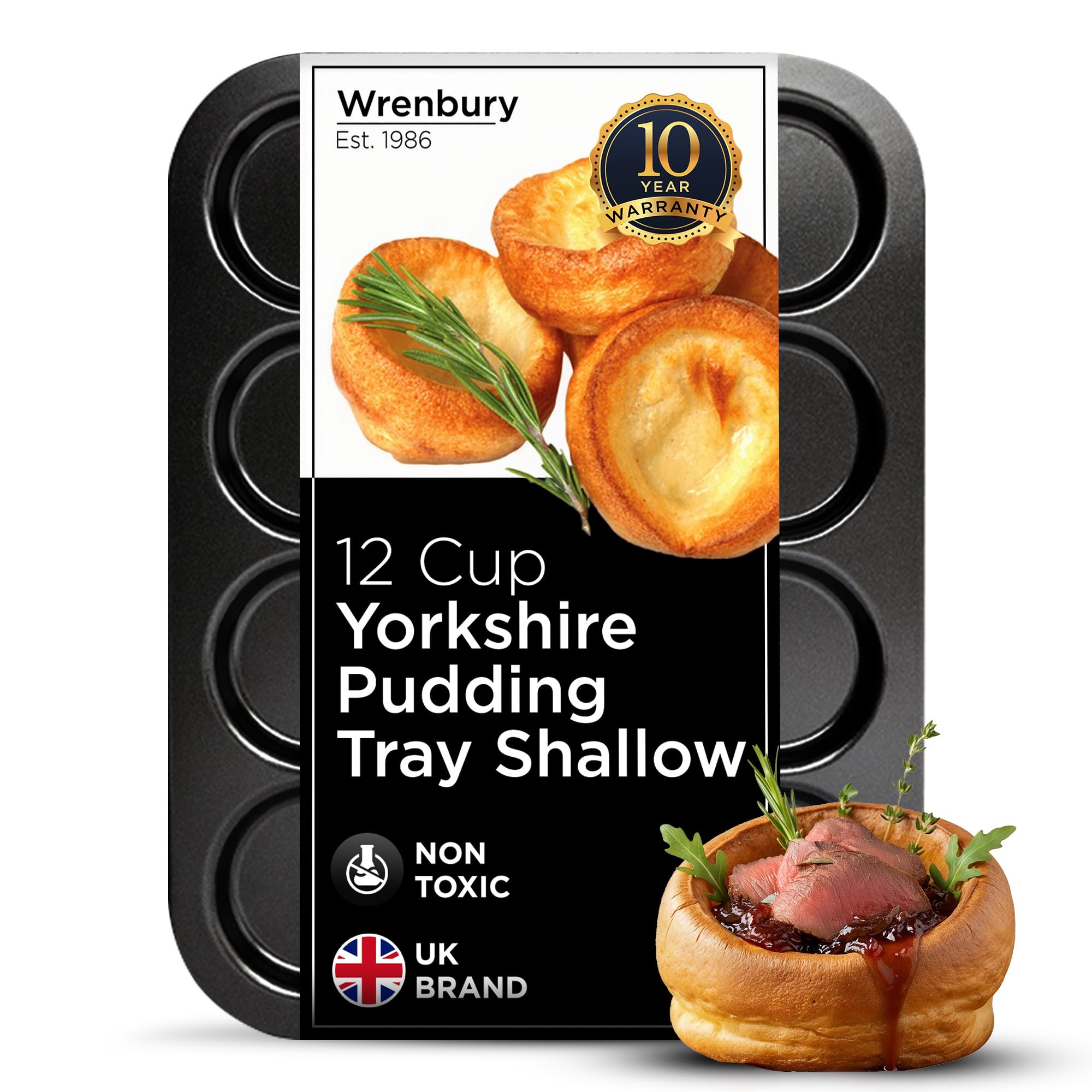 Wrenbury 12 Cup Yorkshire Pudding Tray Shallow - Non Stick Heavy Gauge Carbon Steel Baking Tin - Ideal for Smaller Yorkshire Puddings and Toad in The Hole