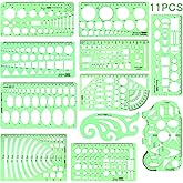 11PCS Geometric Drawings Templates, Drafting Stencils Measuring Tools, Transparent Green Plastic Ruler, for Architecture, Off
