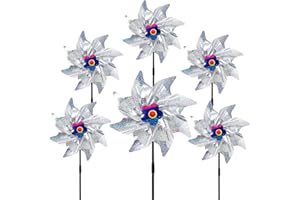 6Pcs Sparkly Silver Pinwheels HADEEONG 9.4in Colorful Wind Spinners Reflective Pinwheels Decorative Windmill to Scare Birds A