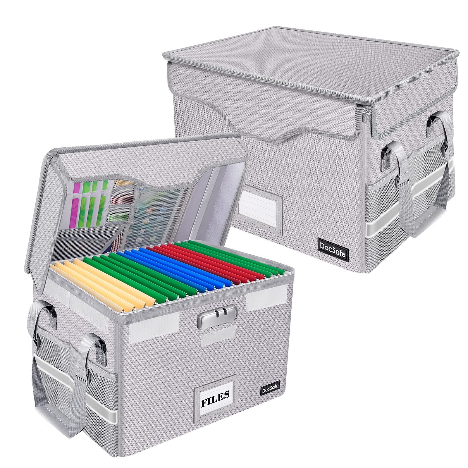 DocSafe Fireproof Document Box with Lock,File Storage Organizer with Pockets,Collapsible Portable File Box Home Office Safe Filing Cabinet with Handle for Hanging Letter/Legal Folders,Silver,2 Pack Image