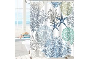 MAYZUS Nautical Coastal Shower Curtain, Beach Ocean Theme Shower Curtain for Bathroom Decor, Summer Tropical Seashell Starfish Coral Fabric Shower Curtain Set with Hooks, Blue, 72x72
