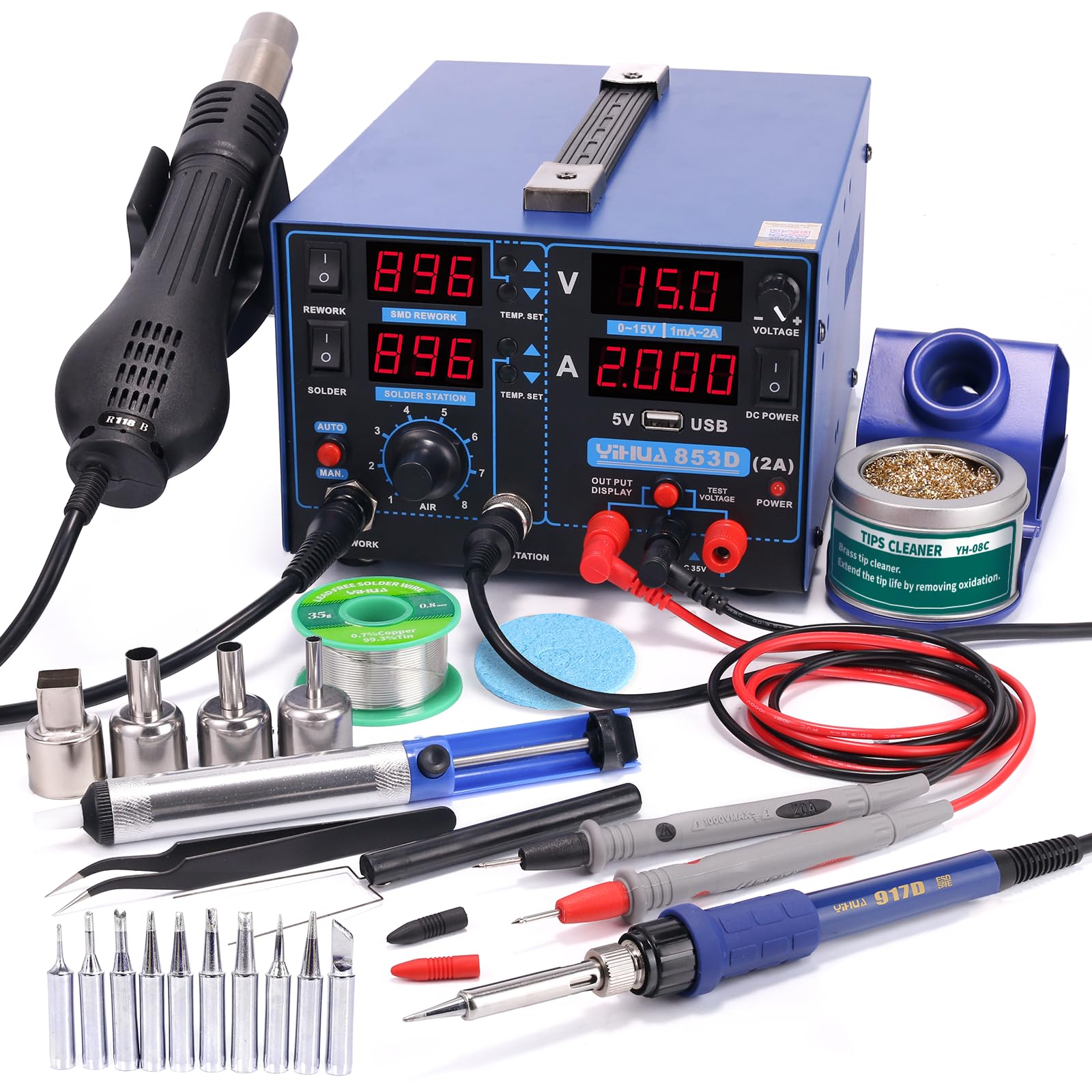 Photo 1 of **INCOMPLETE, SEE NOTES** YIHUA 853D 2A USB SMD Hot Air Rework Soldering Iron Station, DC Power Supply 0-15V 0-2A with 5V USB Charging Port and 35 Volt DC Voltage Test Meter