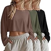Yearntown 3 Pack Women's Long Sleeve Crop Shirts Loose Fit Cropped Oversized Tees Crew Neck Casual Pullover Tops