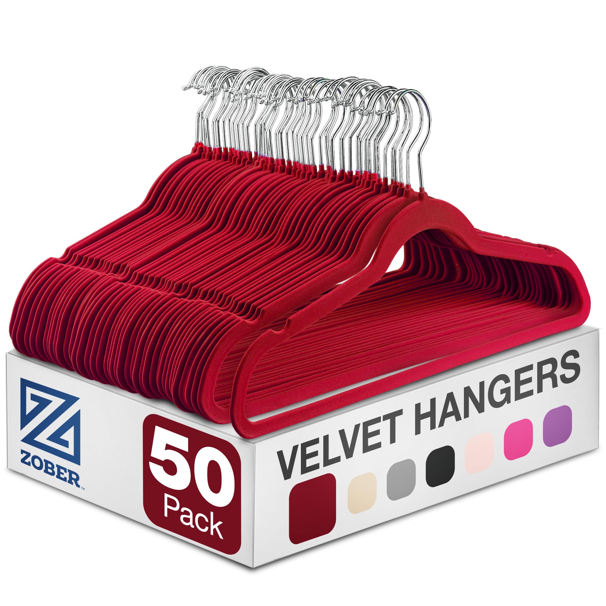 Photo 1 of Zober Premium Quality Space Saving Luxurious Velvet Hangers Strong and Durable Hold Up to 10 Lbs - 360 Degree Chrome Swivel Hook - Ultra Thin Non Slip Suit Hangers, Royal Red/Burgundy - 50 Pack