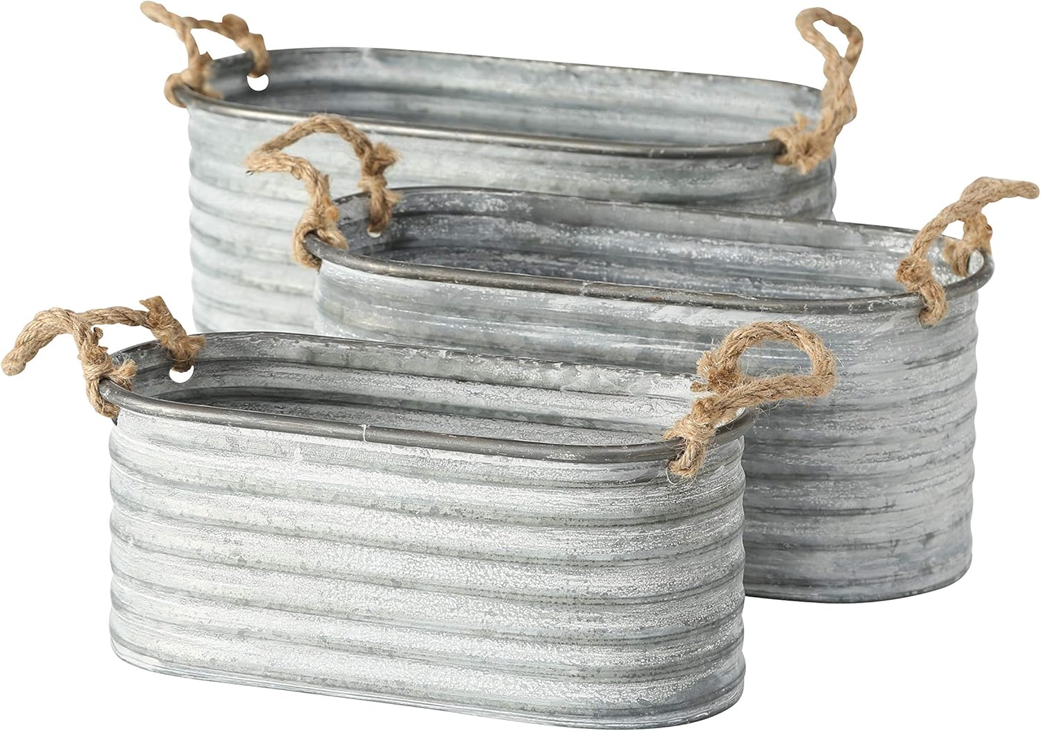 WHW Whole House Worlds Farmers Market Chubby Oval Planters, Set of 3, Rope Handles, Galvanized Zinc, Rolled Top, Corrugated Walls, Rustic Country Style Tub Containers, 16, 15, and 13 1/2 Inches