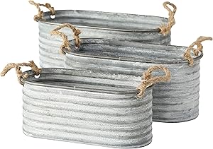 WHW Whole House Worlds Farmers Market Chubby Oval Planters, Set of 3, Rope Handles, Galvanized Zinc, Rolled Top, Corrugated Walls, Rustic Country Style Tub Containers, 16, 15, and 13 1/2 Inches