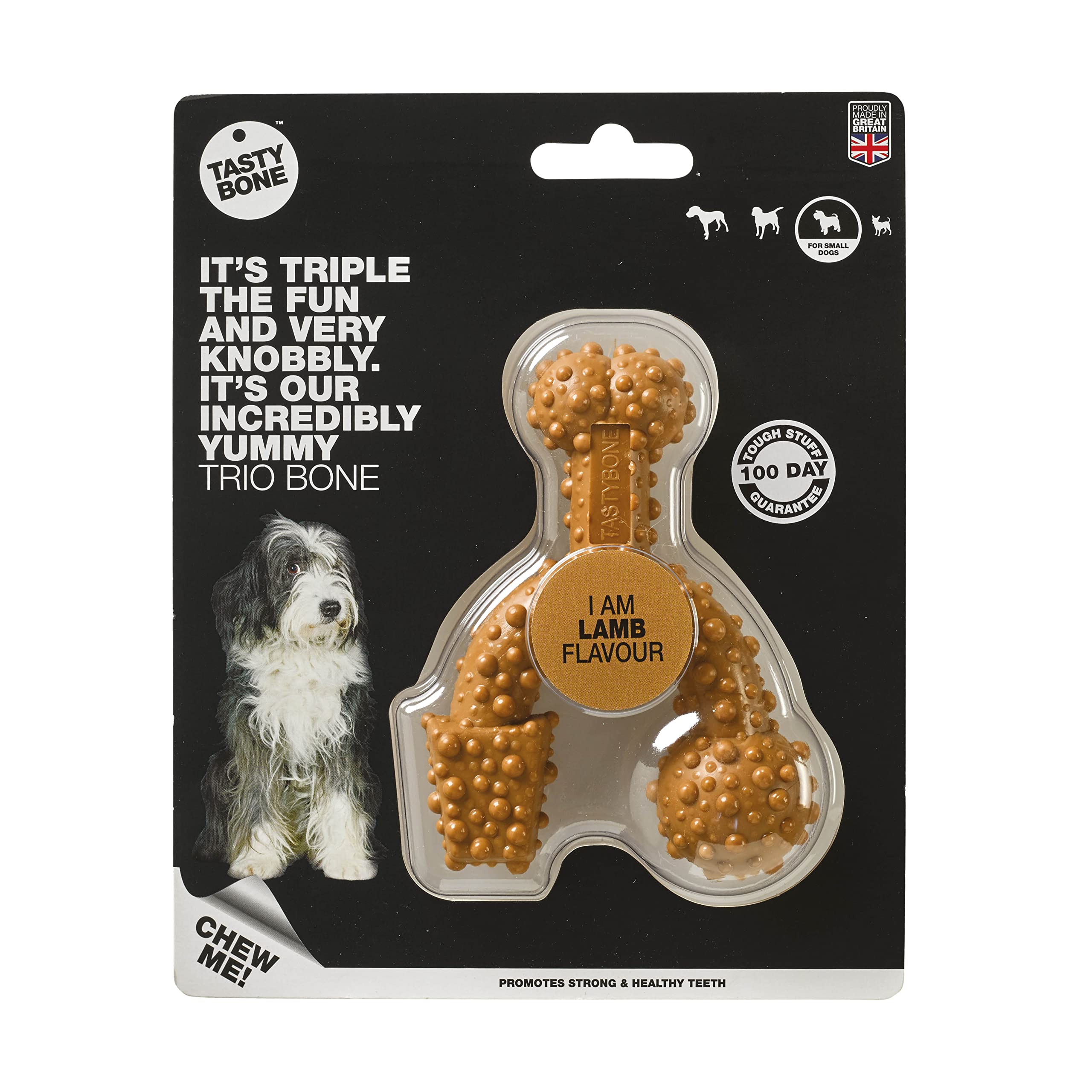 TastyBone TrioBone Nylon Dog Chew Toy for Small Dogs (Lamb) - Indestructible for Aggressive Chewers, Everlasting Flavour, Strong Healthy Teeth, Made in the UK