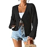 Women Lightweight Tie Front Cardigan Crochet Hollow Out Long Sleeves Summer Knit Cardigans