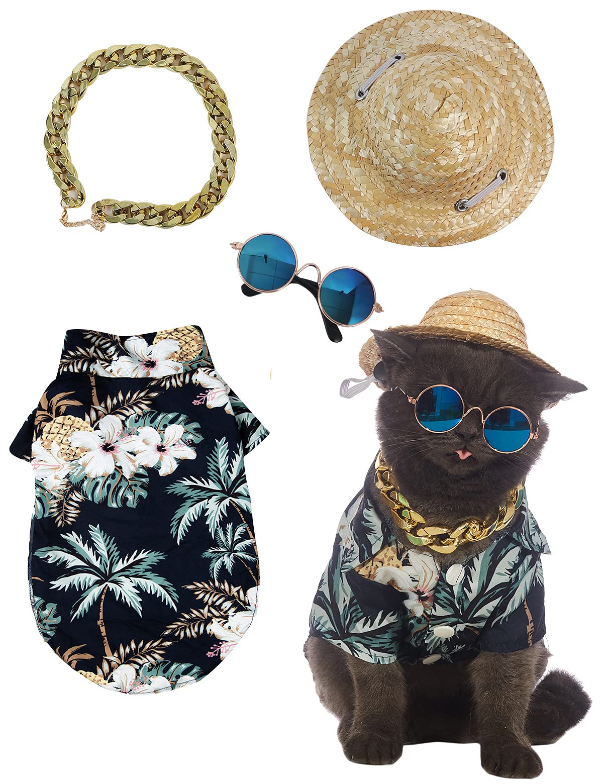Impoosy 4PCS Dog Costume Pet Summer Hawaiin Shirt Puppy Sunglasses and Funny Cat Straw Hat with Small Dog Gold Chain Collar (Small,Black)