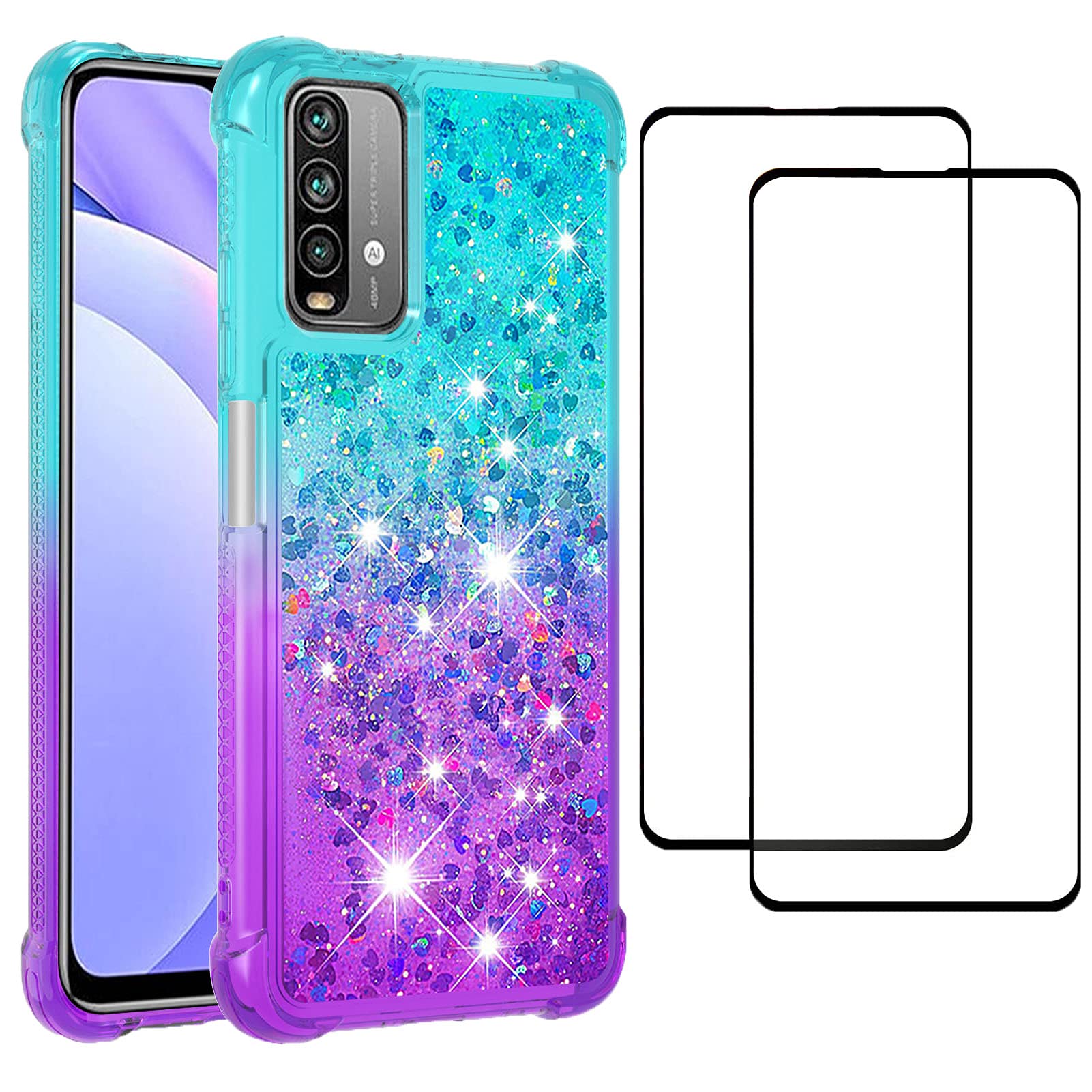 SHYXGLON Case for Xiaomi Redmi 9T / Redmi Note 9 4G and [2 Screen Protector] Quicksand Liquid Transparent Glitter Sparkly Crystal Clear Tough Silicone Bumper Cute Cover for Redmi 9T (Blue/Purple)