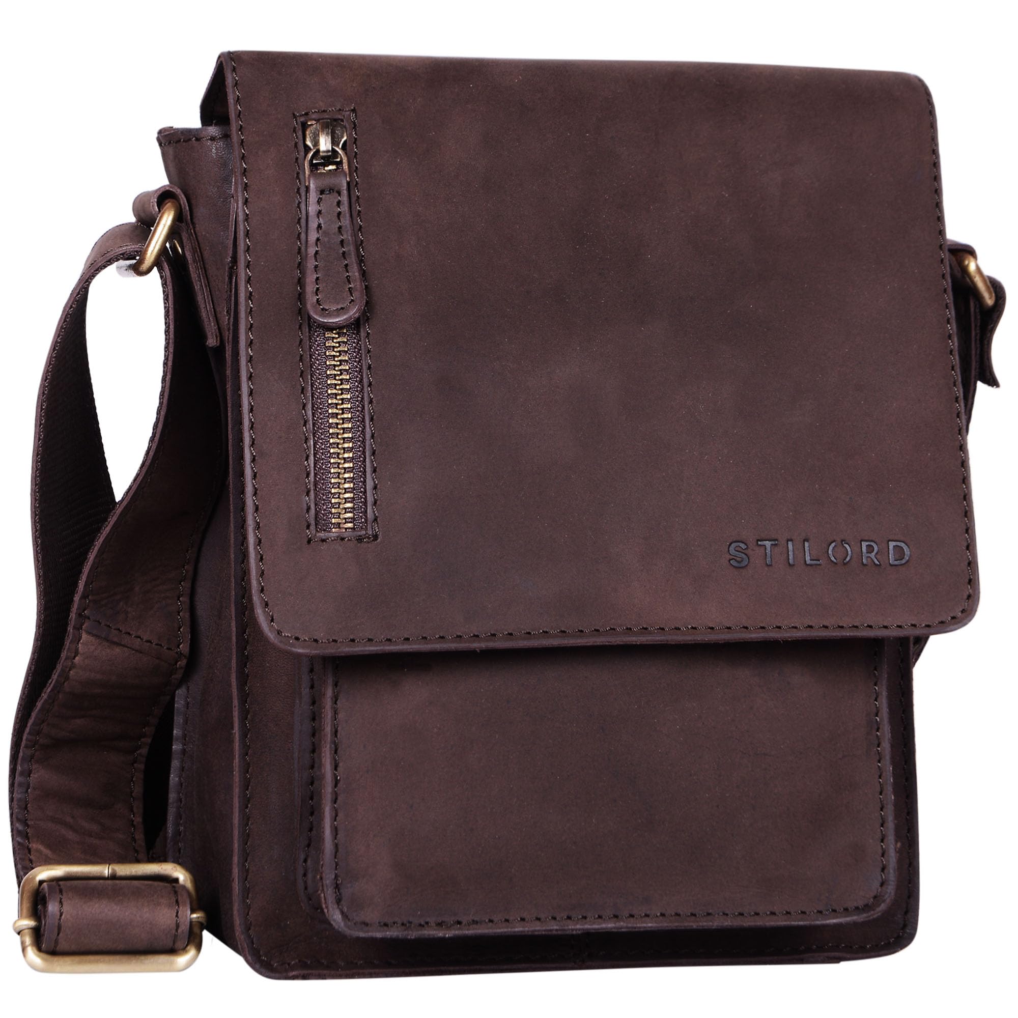 STILORD "Finn" Small Shoulder Bag for Men Vintage Cross Body Bag Suitable for 8.4 inch Tablets Satchel Genuine Leather Colour:Flat Dark Brown