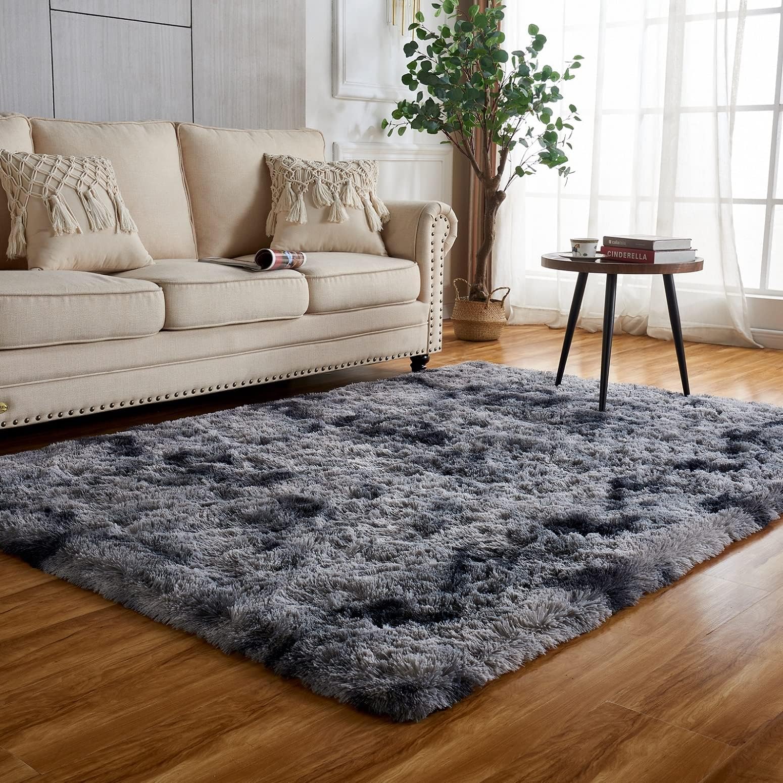 Achiiso Long Pile Fluffy-Rugs,Anti-Slip Soft Area Rugs,Comfy Dark Grey Rugs for Bedroom,Living Room,Kids Room (Dark Grey,120x160 cm)