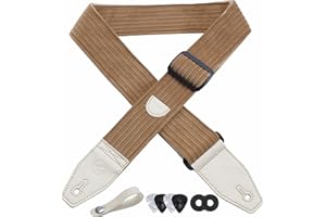 YIKOKO Guitar Strap, 2" Corduroy Full Grain Leather End Guitar Straps for Bass, Electric and Acoustic Guitars, Complimentary Strap Button, 1 Pair of Strap Locks and 4 Guitar Picks - Light Camel