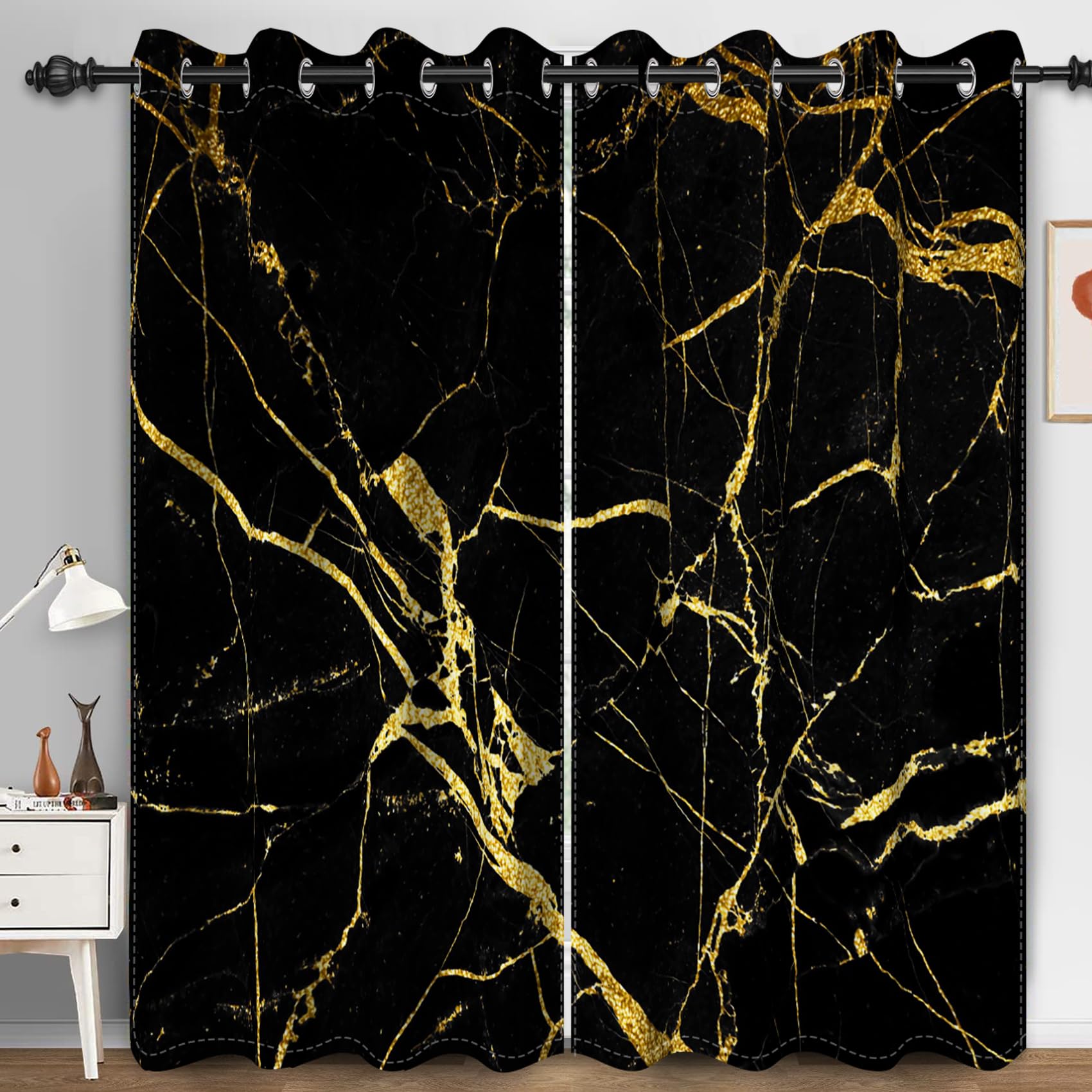 Bovlleetd Black Marble Window Curtains, Golden Crack Abstract Texured Marble Blackout Curtains Window Treatment for Bedroom Living Room 46x72inch (Width x Length) Set 2 Panels