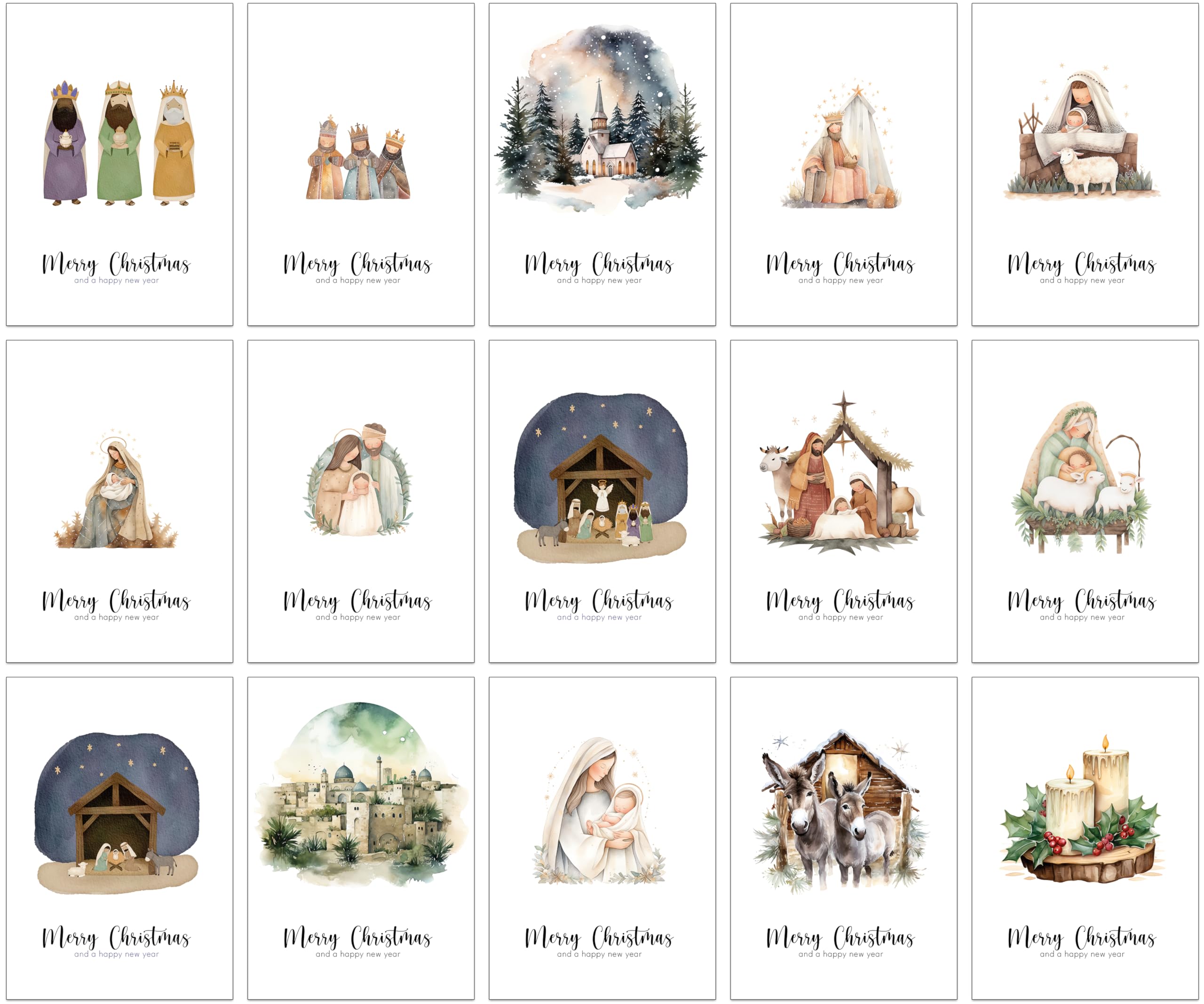 30 Religious Christmas Cards with 15 different Watercolour designs and 30 Kraft Brown Envelopes made from Recycled Paper