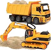 Toy To Enjoy Construction Toys - Excavator & Dump Truck Toy for Kids (Set of 2) – Moveable Claw & Lifting Back – Garbage Truck & Bulldozer Digger – Construction Vehicles for Boys & Kids