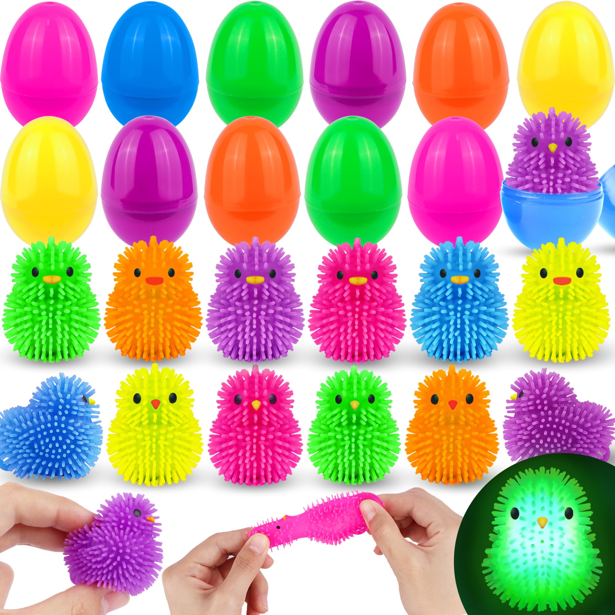 Photo 1 of 12 Pack Easter Eggs Filled Chick Duck LED Puffer Balls Easter Basket Stuffers for Kids Boys Girls, Light Up Squeeze Sensory Ball Fidget Toys for Easter Egg Fillers Easter Egg Hunt Party Favor Gifts