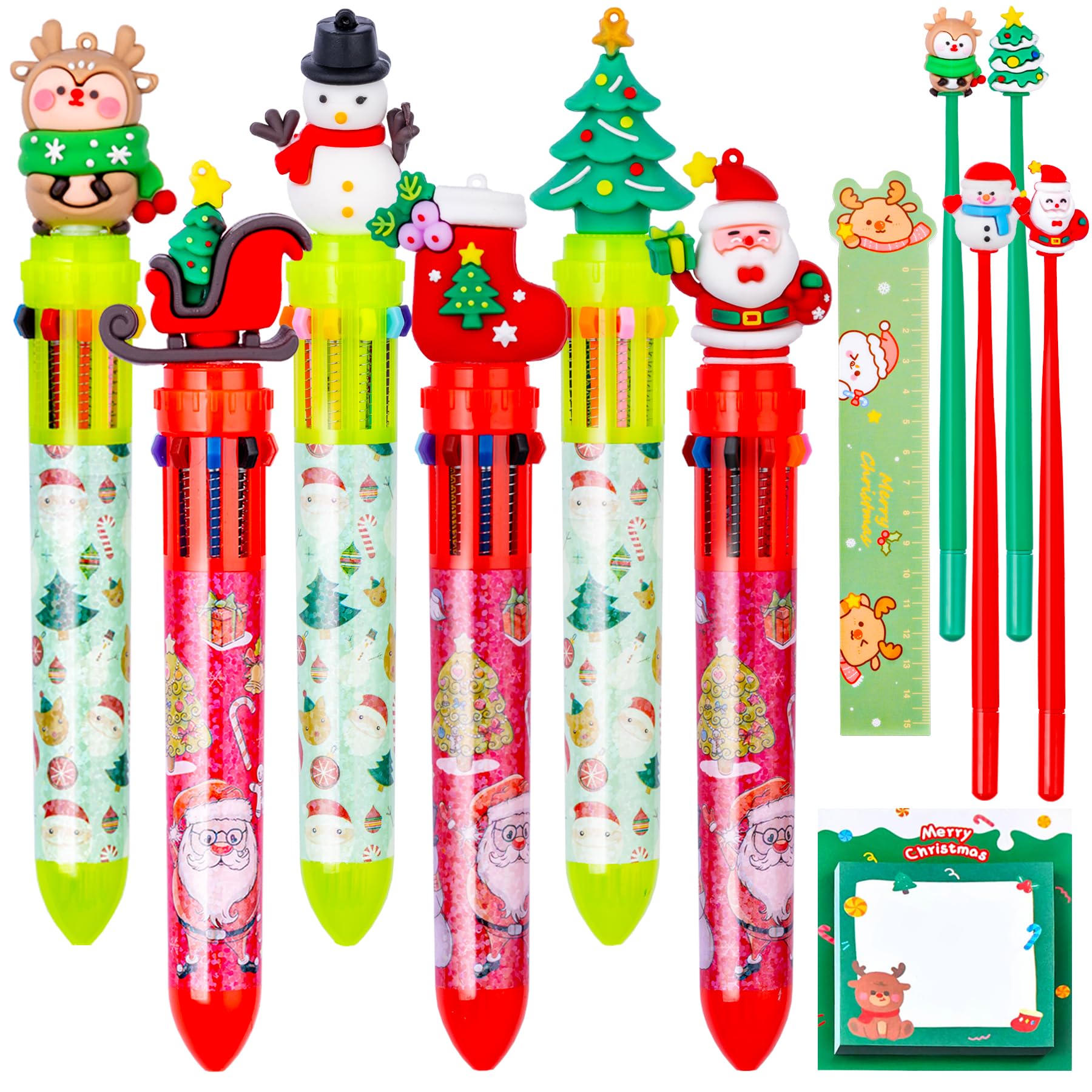 Photo 1 of Christmas Multicolor Ballpoint Pens Set with 10-in-1 Colored Pens 0.7mm Fine Point Retractable Ballpoint Pens, Gel Ink Pens, Sticky Notes for Office School Students Kids Christmas Gift